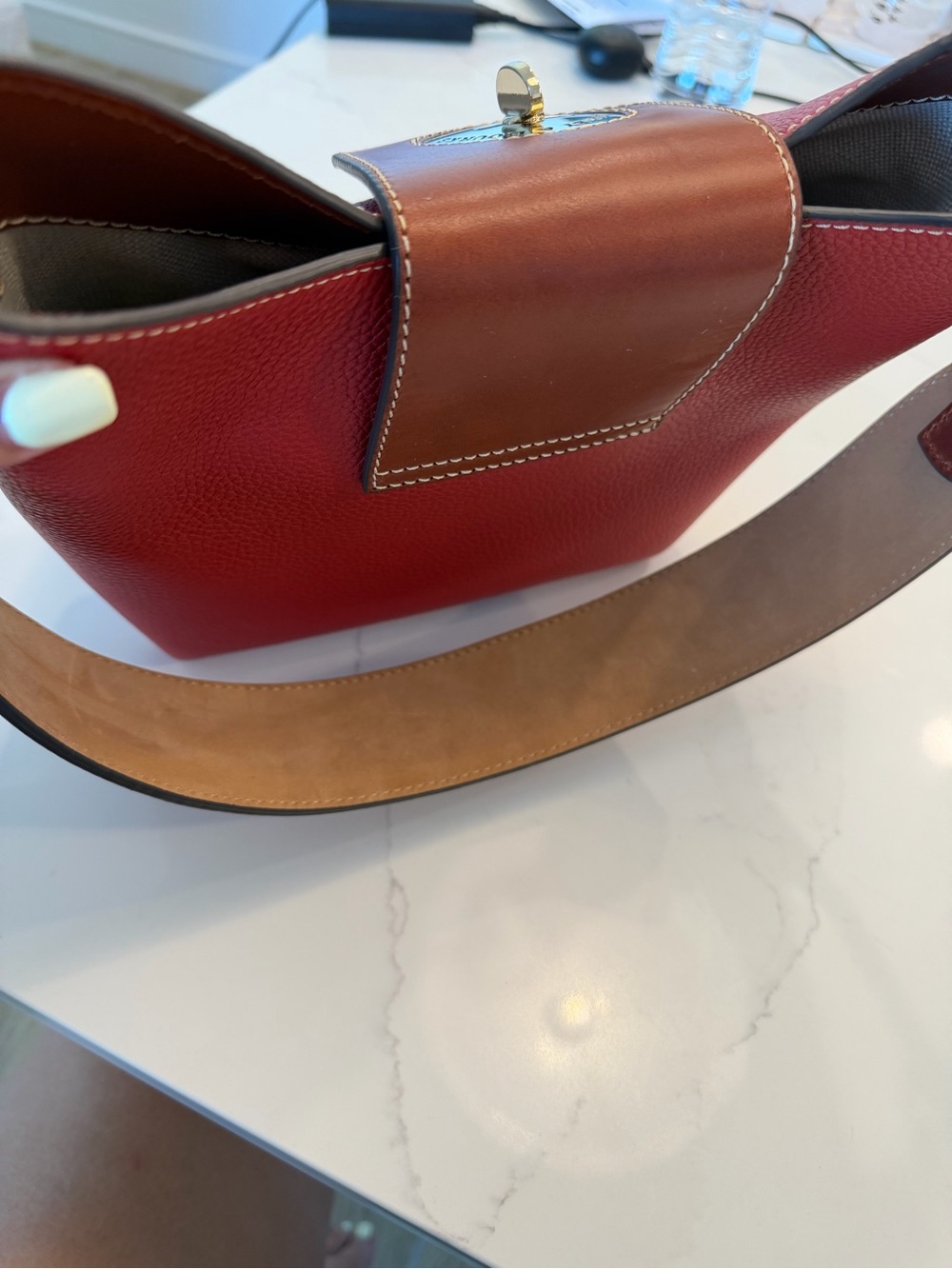 Dooney & Bourke Red Pebble Leather Shoulder Bag with Brown Trim - Picture 5 of 10